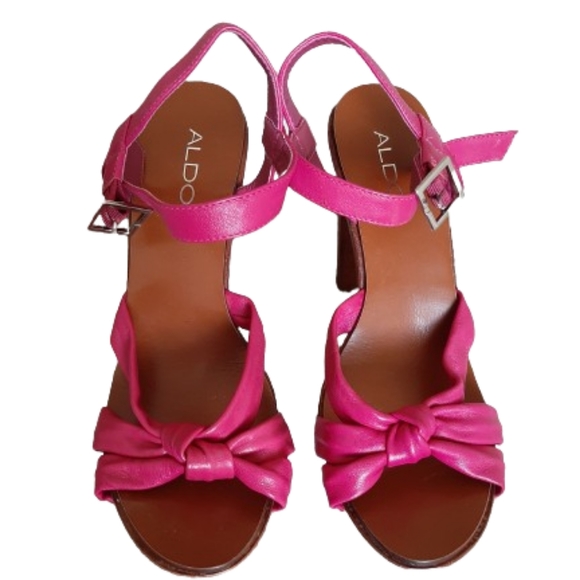 Aldo Shoes - ALDO - Strappy heeled bright pink leather sandals with wooden platform - Size: 8